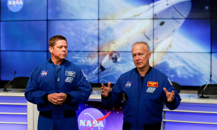 NASA astronauts Doug Hurley and Bob Behnken speak at a news conference