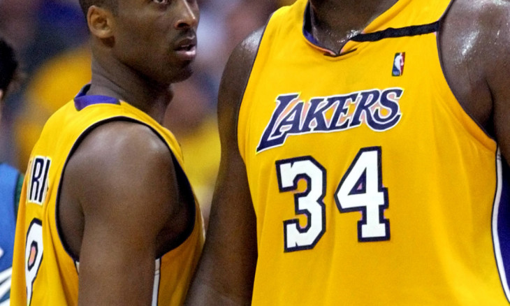 FILE PHOTO: LAKERS KOBE BRYANT AND SHAQUILLE ONEAL SHARE A MOMENT AGAINST MINNESOTA TIMBERWOLVES DURING GAME 3.