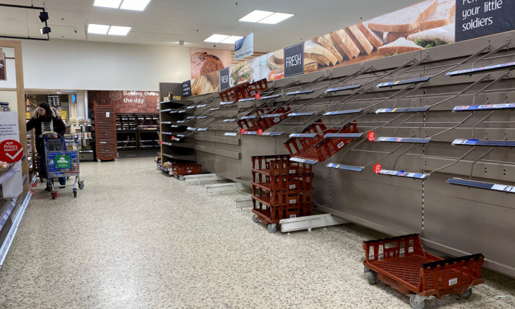 General view of empty shelves seen at a Tesco store in Hatfield