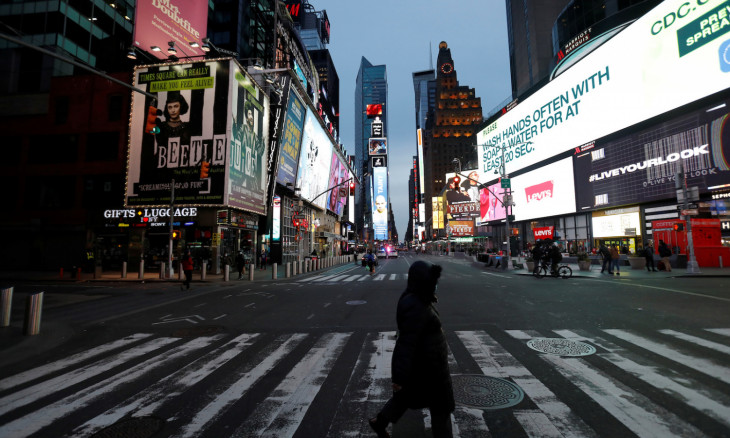 Times Square is seen largely empty as the coronavirus disease (COVID-19) outbreak continued in Manhattan, New York City