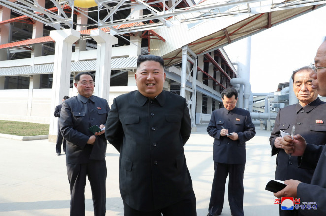 North Korean leader Kim Jong Un attends the completion of a fertiliser plant, in a region north of the capital, Pyongyang