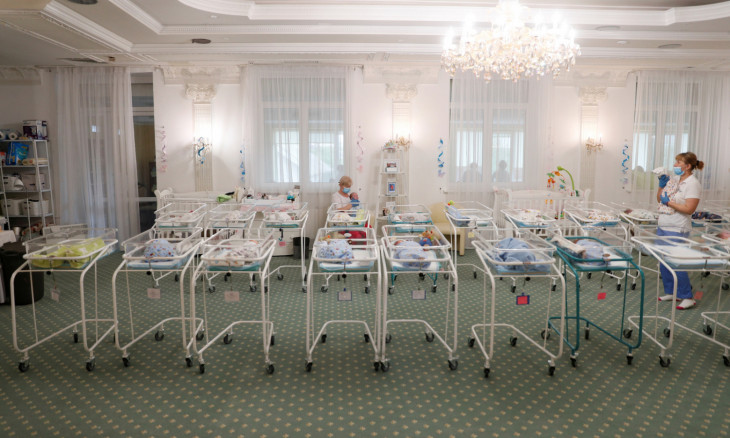 A view shows nurses and newborns in the Hotel Venice owned by BioTexCom clinic in Kiev