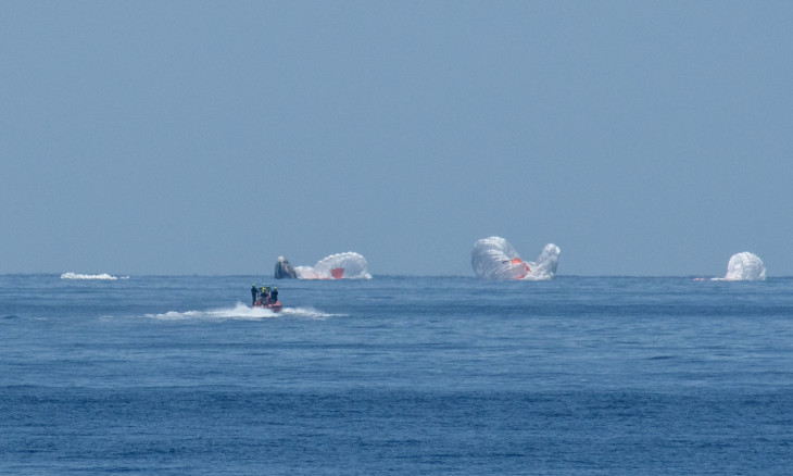 The SpaceX Crew Dragon Endeavour spacecraft is seen as it lands with NASA astronauts 