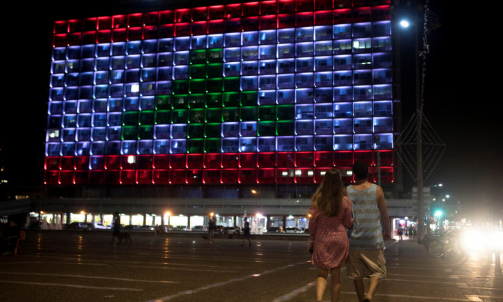 A couple walks at Rabin square as the municipality building
