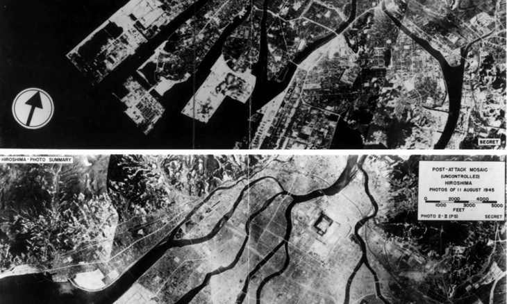 Aerial pictures of Hiroshima, Japan, taken in April 1945 before the atomic bomb was dropped