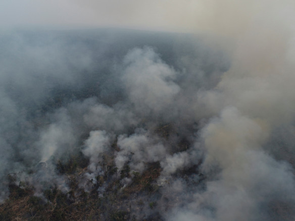 Smoke billows from a fire in an area of the Amazon jungle
