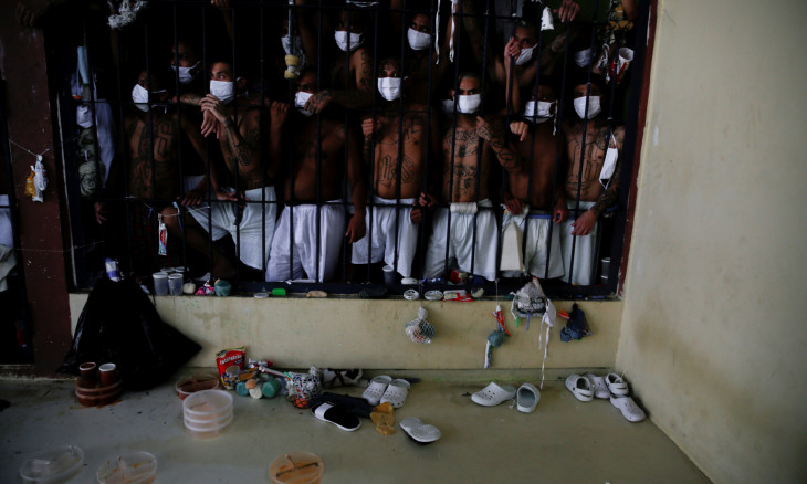 Gang members are seen inside their cell at the Quezaltepeque jai