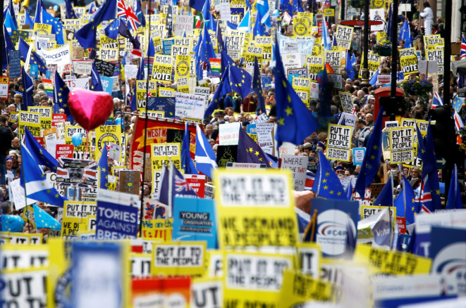 EU supporters participate in the 'People's Vote' march in central London