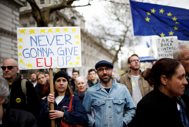 EU supporters participate in the 'People's Vote' march in central London