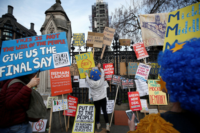 EU supporters participate in the 'People's Vote' march in central London