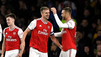 Soccer Football - Carabao Cup - Third Round - Arsenal v Nottingham Forest - Emirates Stadium, London, Britain - September 24, 2019 Arsenal's Rob Holding celebrates scoring their second goal Action Images via Reuters/Tony O'Brien