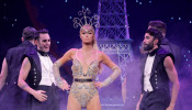 Paris Hilton presents a creation from The Blonds Spring 2020 collection during a collaboration performance with Moulin Rouge! The Musical during New York Fashion Week in New York City, U.S., September 9, 2019. 