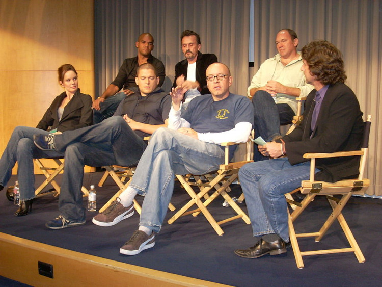 Cast Members of TV series Prison Break: Amaury Nolasco, Robert Knepper, Wade Williams, Sarah Wayne Callies, Wentworth Miller with executive producer Matt Olmstead at Paley Center for Media, Beverly Hills, California.