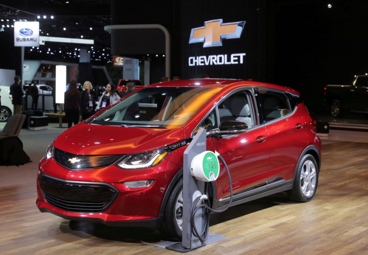  A 2019 Chevrolet Bolt plug-in electric vehicle is displayed at the North American International Auto Show in Detroit, Michigan