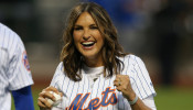 Sep 13, 2019; New York City, NY, USA; American actress Mariska Hargitay reacts after throwing out the first pitch before a game between the New York Mets and the Los Angeles Dodgers at Citi Field.