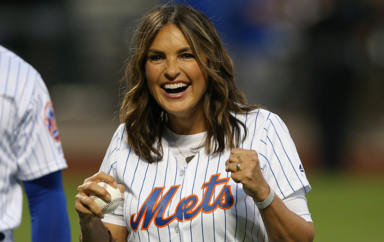 Sep 13, 2019; New York City, NY, USA; American actress Mariska Hargitay reacts after throwing out the first pitch before a game between the New York Mets and the Los Angeles Dodgers at Citi Field.