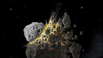 This illustration shows a giant asteroid collision between Mars and Jupiter that occurred 466 million years ago and produced the dust that led to an ice age on Earth. 