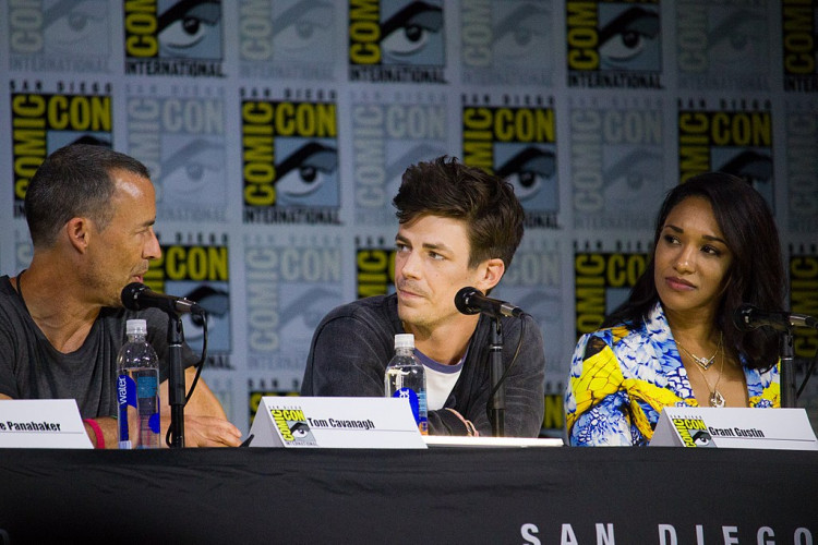 Tom Cavanagh, Grant Gustin and Candice Patton speaking at the 2017 San Diego Comic Con International, for "The Flash", at the San Diego Convention Center in San Diego, California.