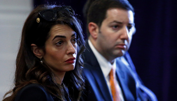 Amal Clooney attends a news conference during an event about corruption in Africa, in London, Britain September 19, 2019. 
