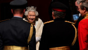 Britain's Queen Elizabeth II reacts as she attends the State Opening of Parliament in the Houses of Parliament in London, Britain October 14, 2019. Paul Ellis/Pool via REUTERS