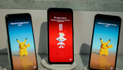 The new Google Pixel 4 smartphones are displayed during a Google launch event in New York