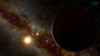 Artistic impression of the gas giant planet GJ 3512b orbiting its red dwarf host star