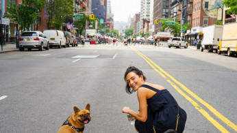 A woman in her blue dress and her pug.