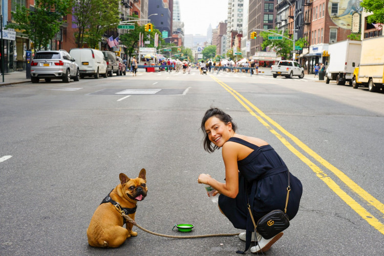 A woman in her blue dress and her pug.