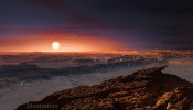This artist’s impression shows a view of the surface of the planet Proxima b orbiting the red dwarf star Proxima Centauri