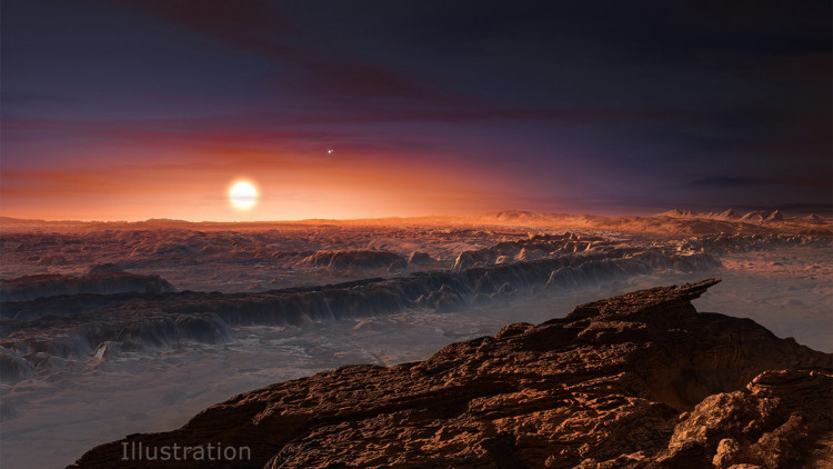 This artist’s impression shows a view of the surface of the planet Proxima b orbiting the red dwarf star Proxima Centauri