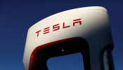 Tesla super chargers are shown in Mojave, California