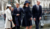 Britain's Prince Harry, his fiancee Meghan Markle, Prince William and Kate, the Duchess of Cambridge