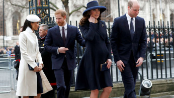 Britain's Prince Harry, his fiancee Meghan Markle, Prince William and Kate, the Duchess of Cambridge