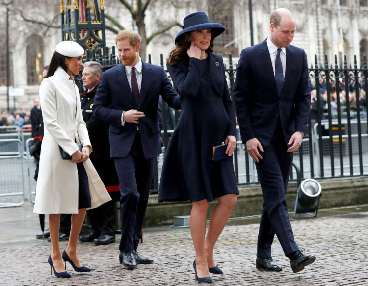 Britain's Prince Harry, his fiancee Meghan Markle, Prince William and Kate, the Duchess of Cambridge