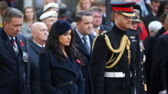 Britain's Prince Harry, Duke of Sussex, and Meghan, Duchess of Sussex, visit the Field of Remembrance at Westminster Abbey in London, Britain, November 7, 2019. 