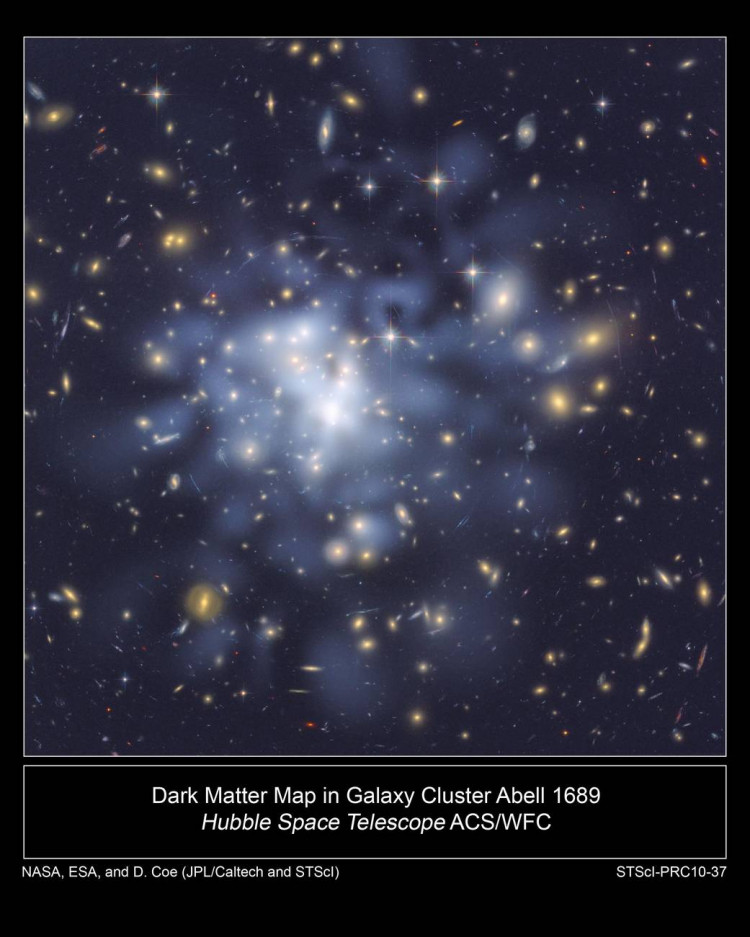This NASA Hubble Space Telescope image shows the distribution of dark matter in the center of the giant galaxy cluster Abell 1689