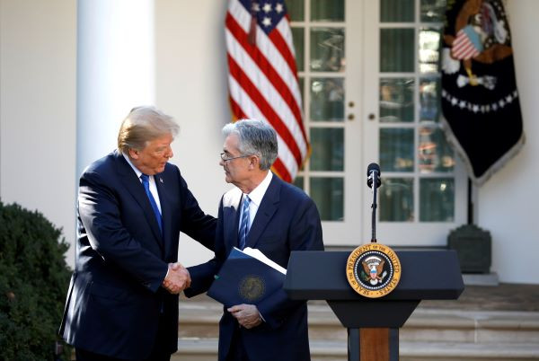 U.S. President Donald Trump shakes hands with Jerome Powell, his nominee to become chairman of the U.S. Federal Reserve at the White House in Washington