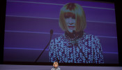 Editor-in-chief of Vogue Anna Wintour delivers a speech during the Vogue 