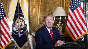 U.S. President Donald Trump participates in a video teleconference with members of the U.S. military at Trump's Mar-a-Lago resort in Palm Beach