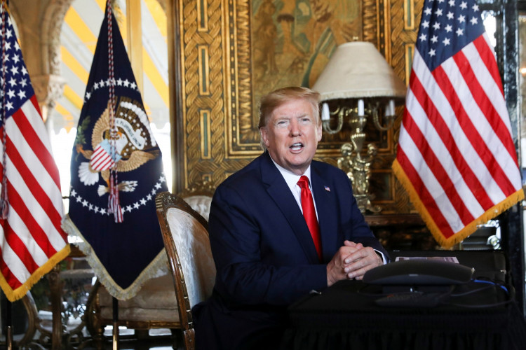 U.S. President Donald Trump participates in a video teleconference with members of the U.S. military at Trump's Mar-a-Lago resort in Palm Beach