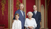 Britain's Queen Elizabeth II, Prince Charles, Prince William Prince George pose for a portrait to mark the start of a new decade, in the Throne Room at Buckingham Palace in London