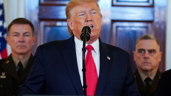 U.S. President Donald Trump delivers a statement about Iran as U.S. Army Chief of Staff General James McConville and Chairman of the Joint Chiefs of Staff Army General Mark Milley 
