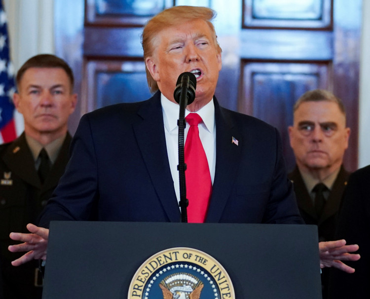U.S. President Donald Trump delivers a statement about Iran as U.S. Army Chief of Staff General James McConville and Chairman of the Joint Chiefs of Staff Army General Mark Milley 