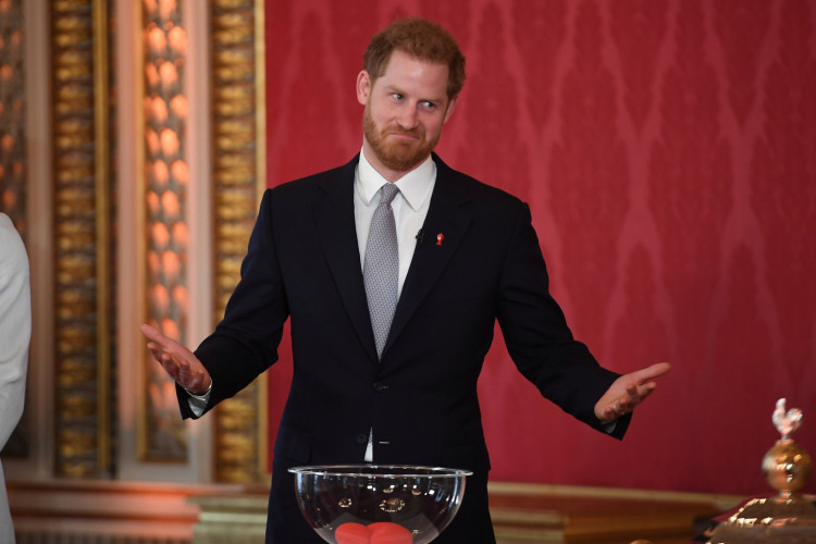 Britain's Prince Harry attends at the draw for the Rugby League World Cup, where children from a local school will play rugby league in the Buckingham Palace gardens, in London, Britain January 16, 2020. Jeremy Selwyn/Pool via REUTERS