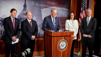 Senators Richard Blumenthal (D-CT), Chris Coons (D-DE), Senate Minority Leader Chuck Schumer (D-NY), Kamala Harris (D-CA) and Chris Van Hollen (D-MD) speak to journalists after the beginning of the impeachment trial of U.S. President Donald Trump