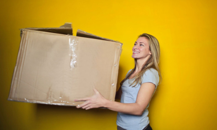 Woman in grey shirt holding a big brown box. 