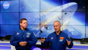 NASA astronauts Doug Hurley and Bob Behnken speak at a news conference