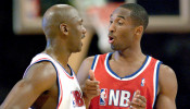 FILE PHOTO: Jordan and Bryant chat during NBA All-Star Game in Atlanta