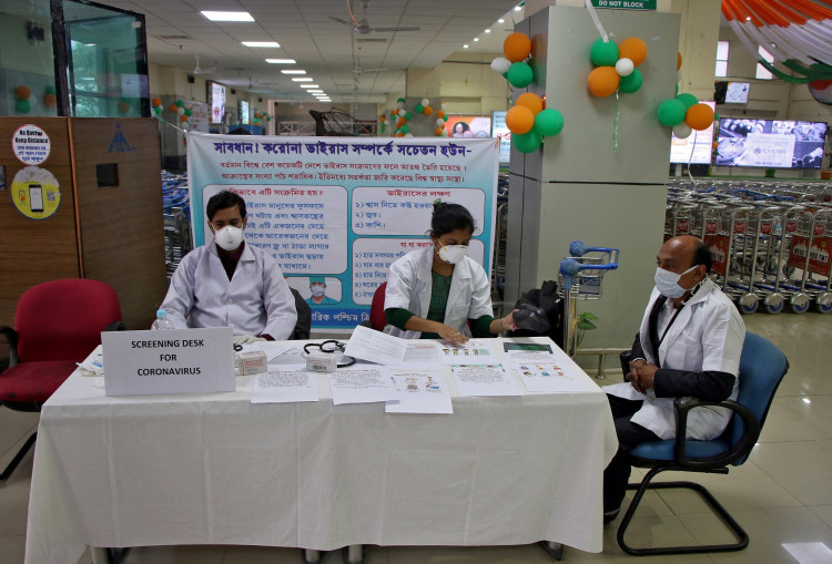 A health desk is set up to screen travellers for signs of the coronavirus at Maharaja Bir Bikram Airport in Agartala, India