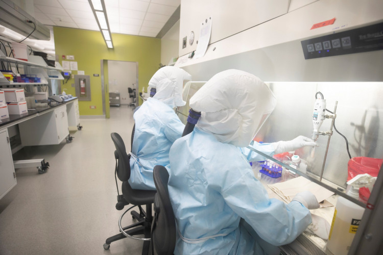 Scientists work in VIDO-InterVac's (Vaccine and Infectious Disease Organization-International Vaccine Centre) containment level 3 laboratory